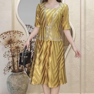 Đầm trung niên sang trọng dành cho mẹ,thiết kế cao cấp dự tiệc, thun sọc chính phẩm co giãn tốt đến 80kg DN11 Nữ Kem