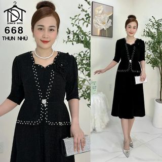 Đầm midi trung niên dự tiệc sang trọng vải kim tuyến nhũ kim sa tặng mẹ co giãn tốt bigsize 75kg M668