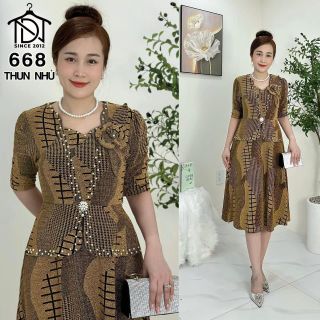 Đầm midi trung niên dự tiệc sang trọng vải kim tuyến nhũ kim sa tặng mẹ co giãn tốt bigsize 75kg M668