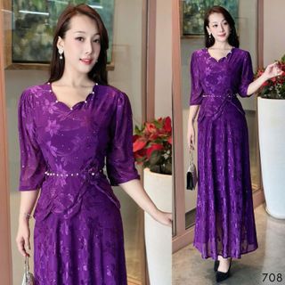 Đầm MAXI trung niên dự tiệc sang trọng vải thun lưới tặng mẹ co giãn tốt bigsize 75kg M708