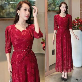 Đầm MAXI trung niên dự tiệc sang trọng vải thun lưới tặng mẹ co giãn tốt bigsize 75kg M708