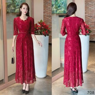 Đầm MAXI trung niên dự tiệc sang trọng vải thun lưới tặng mẹ co giãn tốt bigsize 75kg M708