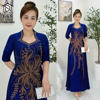 Đầm MAXI trung niên dự tiệc sang trọng vải kim tuyến nhũ kim sa tặng mẹ co giãn tốt bigsize 75kg M669