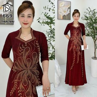 Đầm MAXI trung niên dự tiệc sang trọng vải kim tuyến nhũ kim sa tặng mẹ co giãn tốt bigsize 78kg M669