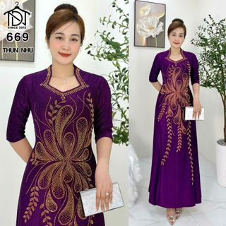 Đầm MAXI trung niên dự tiệc sang trọng vải kim tuyến nhũ kim sa tặng mẹ co giãn tốt bigsize 75kg M669
