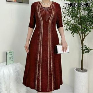 Đầm trung niên dự tiệc sang trọng vải nhũ cao cấp đính đá, tặng mẹ co giãn tốt bigsize 75kg M508 Nữ Nhung Women Dress