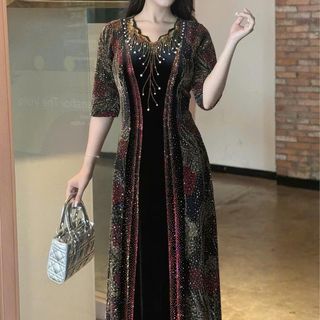 Đầm MAXI, dáng dài trung niên dự tiệc - công sở, vải thun nhũ phối nhung cao cấp đính đá, tặng mẹ co giãn tốt bigsize M709