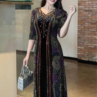 Đầm MAXI, dáng dài trung niên dự tiệc - công sở, vải thun nhũ phối nhung cao cấp đính đá, tặng mẹ co giãn tốt bigsize M709