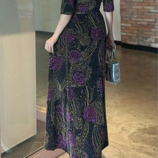 Đầm MAXI, dáng dài trung niên dự tiệc - công sở, vải thun nhũ phối nhung cao cấp đính đá, tặng mẹ co giãn tốt bigsize M709