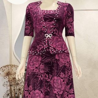 Đầm dạ hội trung niên dự tiệc sang trọng vải kim tuyến nhũ kim sa tặng mẹ co giãn bigsize 80kg DN07 Nữ Dress