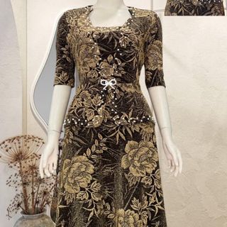 Đầm dạ hội trung niên dự tiệc sang trọng vải kim tuyến nhũ kim sa tặng mẹ co giãn bigsize 80kg DN07 Nữ Dress