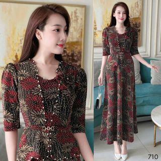 Đầm maxi, dáng ngắn trung niên dự tiệc - công sở, vải thun nhũ cao cấp đính đá, tặng mẹ co giãn tốt bigsize M710