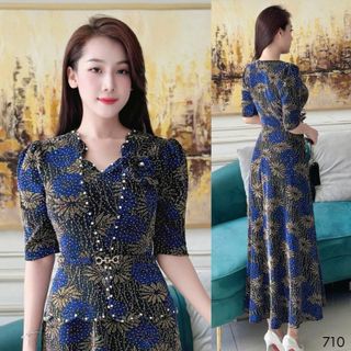 Đầm maxi, dáng ngắn trung niên dự tiệc - công sở, vải thun nhũ cao cấp đính đá, tặng mẹ co giãn tốt bigsize M710
