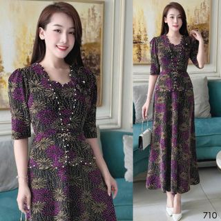 Đầm maxi, dáng ngắn trung niên dự tiệc - công sở, vải thun nhũ cao cấp đính đá, tặng mẹ co giãn tốt bigsize M710