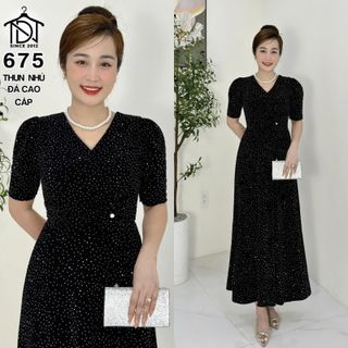 Đầm maxi trung niên dự tiệc sang trọng vải thun nhũ cao cấp đính đá, tặng mẹ co giãn tốt bigsize 75kg M675