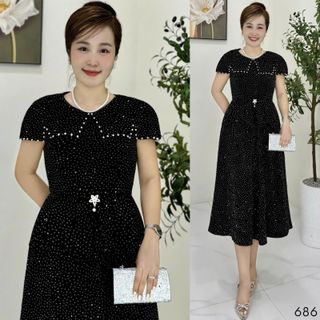 Đầm midi trung niên dự tiệc - công sở, vải thun nhũ cao cấp đính đá, tặng mẹ co giãn tốt bigsize M686