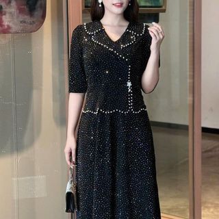 Đầm maxi trung niên dự tiệc - công sở, vải thun nhũ cao cấp đính đá, tặng mẹ co giãn tốt bigsize M695