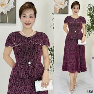 Đầm midi trung niên dự tiệc - công sở, vải thun nhũ cao cấp đính đá, tặng mẹ co giãn tốt bigsize M686