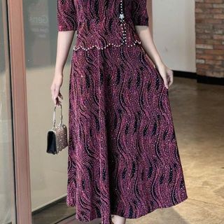 Đầm maxi trung niên dự tiệc - công sở, vải thun nhũ cao cấp đính đá, tặng mẹ co giãn tốt bigsize M695