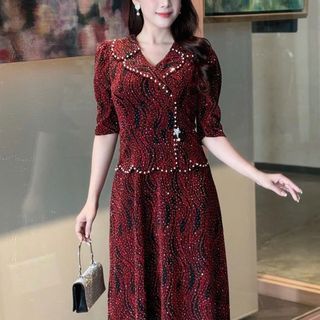 Đầm maxi trung niên dự tiệc - công sở, vải thun nhũ cao cấp đính đá, tặng mẹ co giãn tốt bigsize M695