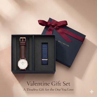 SET VALENTINE DANIEL CAO CẤP DA LƯỚI PETITE VÀ DÂY NATO FULLBOX HỘP NƠ ĐỎ