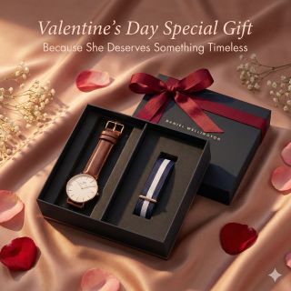 SET VALENTINE DANIEL CAO CẤP DA LƯỚI PETITE VÀ DÂY NATO FULLBOX HỘP NƠ ĐỎ