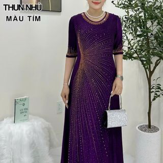 Đầm maxi trung niên dự tiệc sang trọng vải thun nhũ cao cấp đính đá, tặng mẹ co giãn tốt bigsize 80kg M559
