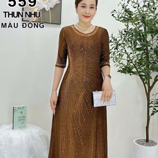 Đầm maxi trung niên dự tiệc sang trọng vải thun nhũ cao cấp đính đá, tặng mẹ co giãn tốt bigsize 80kg M559