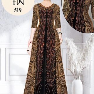 Đầm dạ hội trung niên dự tiệc sang trọng vải kim tuyến nhũ kim sa phối Nhung - đính đá tinh tế, tặng mẹ co giãn bigsize 80kg DN17 Nữ Dress