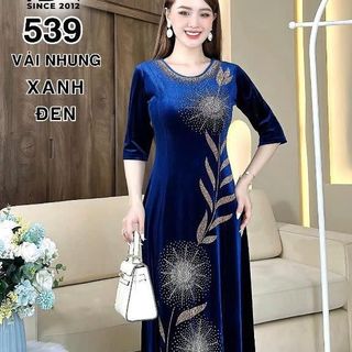 Đầm MAXI trung niên dự tiệc sang trọng vải nhung đính đá cao cấp tặng mẹ co giãn tốt bigsize 75kg M539