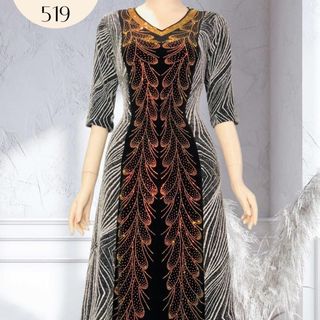 Đầm dạ hội trung niên dự tiệc sang trọng vải kim tuyến nhũ kim sa phối Nhung - đính đá tinh tế, tặng mẹ co giãn bigsize 80kg DN17 Nữ Dress