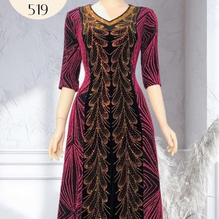 Đầm dạ hội trung niên dự tiệc sang trọng vải kim tuyến nhũ kim sa phối Nhung - đính đá tinh tế, tặng mẹ co giãn bigsize 80kg DN17 Nữ Dress