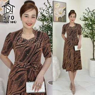 Đầm midi trung niên dự tiệc sang trọng vải kim tuyến nhũ kim sa tặng mẹ co giãn tốt bigsize 75kg M570