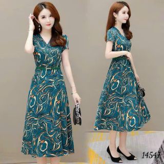 Đầm dự tiệc cho mẹ phong cách hàn Quốc bigsizem chất liệu lua mango cao cấp thiết kế dáng xòe sang trọng đẹp HN30 Dress Xanh