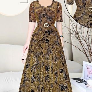 Đầm trung niên dự tiệc sang trọng vải kim tuyến nhũ kim sa tặng mẹ co giãn tốt bigsize 80kg DN01 Nữ Dress