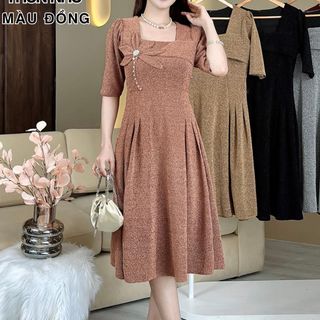 Đầm dạ hội trung niên chất nhũ ánh kim co giãn cực tốt, dáng chữ A, bigsize 75Kg - M550