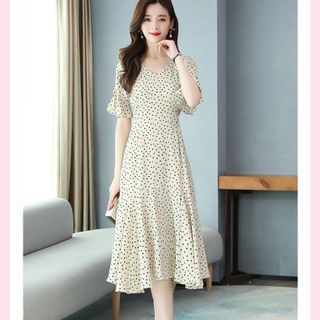 Đầm voan lụa trung niên dự tiệc sang trọng, thiết kế dáng xoè che khuyết điểm đẹp HN10 Nữ Kem