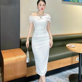 ĐẦM DỰ TIỆC TRUNG NIÊN THIẾT KẾ ÔM BODY TRỄ VẢI, CHẤT LIỆU POLY CO GIÃN PHỐI VOAN B01