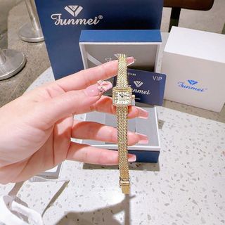 QUÀ VALENTINE ĐỒNG HỒ NỮ CHÍNH HÃNG FUNMEI FL2108  MẶT VUÔNG DÂY LƯỚI VÀNG FULLBOX