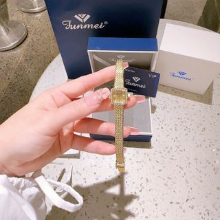 QUÀ VALENTINE ĐỒNG HỒ NỮ CHÍNH HÃNG FUNMEI FL2108  MẶT VUÔNG DÂY LƯỚI VÀNG FULLBOX