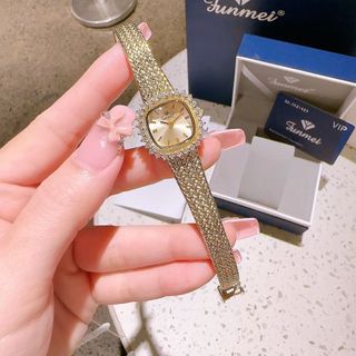 QUÀ VALENTINE ĐỒNG HỒ NỮ CHÍNH HÃNG FUNMEI FL2111 MẶT VUÔNG VIỀN ĐÁ SWA TRÁI TIM DÂY LƯỚI FULLBOX