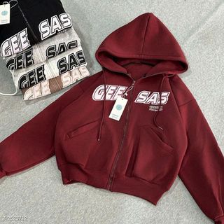 Áo khoác nữ chất nỉ dệt xuất khẩu, áo lửng có nón 2 lớp rộng GEE SAS