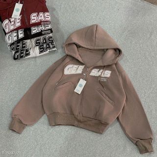 Áo khoác nữ chất nỉ dệt xuất khẩu, áo lửng có nón 2 lớp rộng GEE SAS