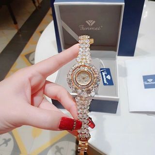 QUÀ VALENTINE ĐỒNG HỒ NỮ CHÍNH HÃNG FUNMEI F2073 DÂY VÀNG KIM CƯƠNG TRẮNG FULLBOX TEM