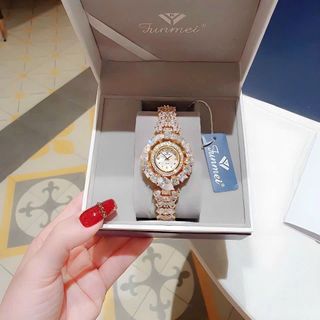 QUÀ VALENTINE ĐỒNG HỒ NỮ CHÍNH HÃNG FUNMEI F2073 DÂY VÀNG KIM CƯƠNG TRẮNG FULLBOX TEM