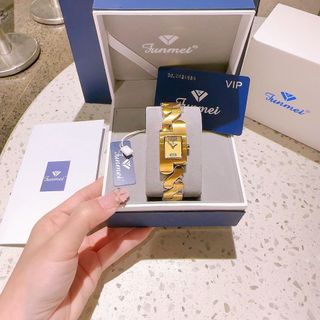 QUÀ VALENTINE ĐỒNG HỒ NỮ CHÍNH HÃNG FUNMEI F2112L DÂY THÉP ZICZAC VÀNG MAT VUÔNG HỘP NƠ TEM