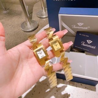 QUÀ VALENTINE ĐỒNG HỒ NỮ CHÍNH HÃNG FUNMEI F2112L DÂY THÉP ZICZAC VÀNG MAT VUÔNG HỘP NƠ TEM