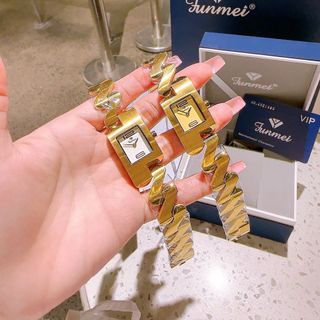 QUÀ VALENTINE ĐỒNG HỒ NỮ CHÍNH HÃNG FUNMEI F2112L DÂY THÉP ZICZAC VÀNG MAT VUÔNG HỘP NƠ TEM