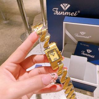 QUÀ VALENTINE ĐỒNG HỒ NỮ CHÍNH HÃNG FUNMEI F2112L DÂY THÉP ZICZAC VÀNG MAT VUÔNG HỘP NƠ TEM