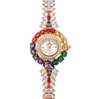 QUÀ VALENTINE ĐỒNG HỒ NỮ CHÍNH HÃNG FUNMEI F2073 DÂY VÀNG VIÊN CHỦ AMETHYST FULLBOX TEM